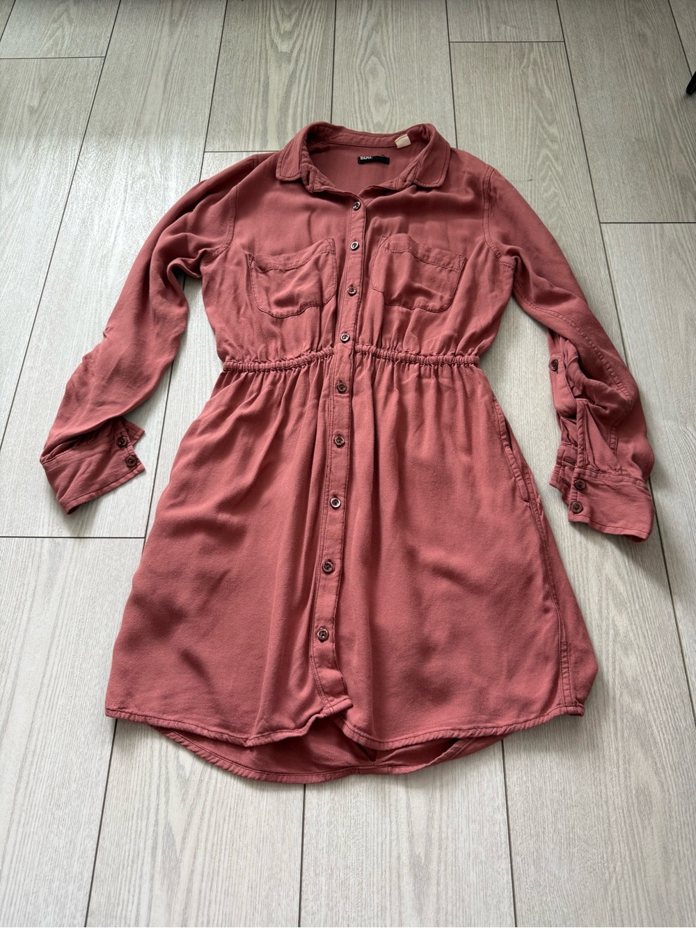 BDG rose pink button shirt dress long sleeve small mini summer casual pockets